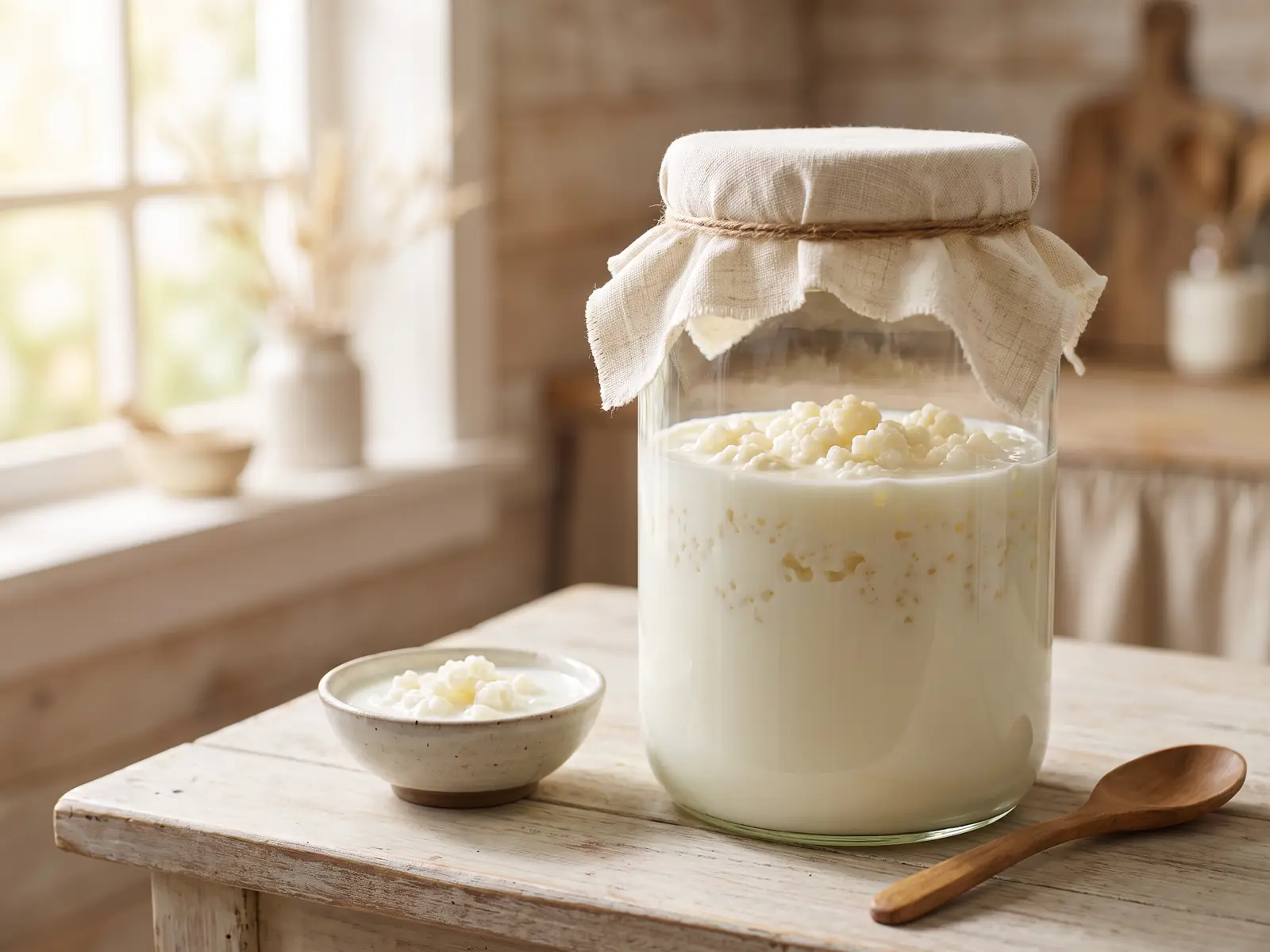 con que tomar el kefir Tarro con gránulos de kéfir de leche sobre madera, acompañado de fruta seca y un ambiente casero.