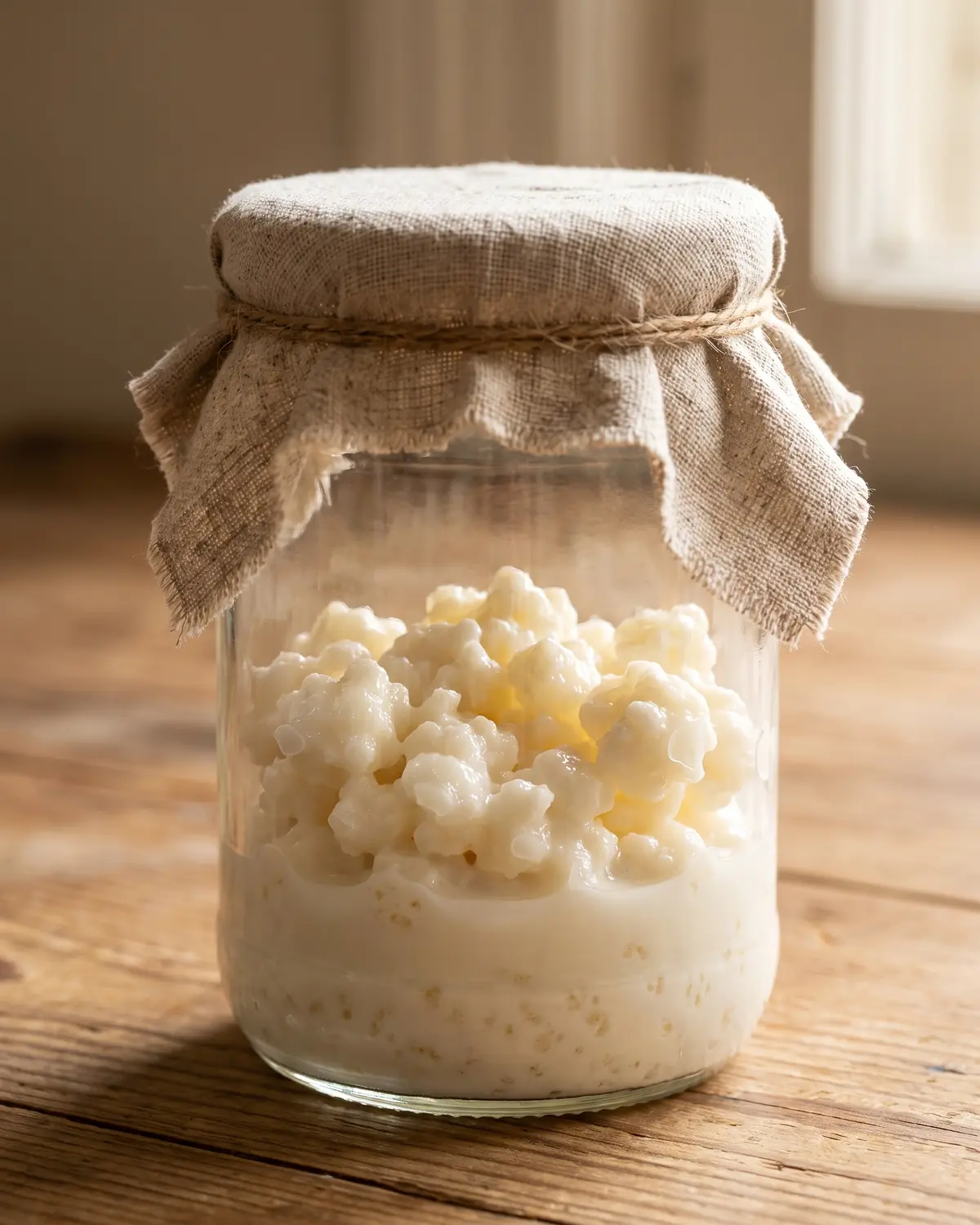 kéfir de agua para principiantes Tarro con leche blanca, gránulos visibles y lino crudo ajustado al cuello durante la fermentación.