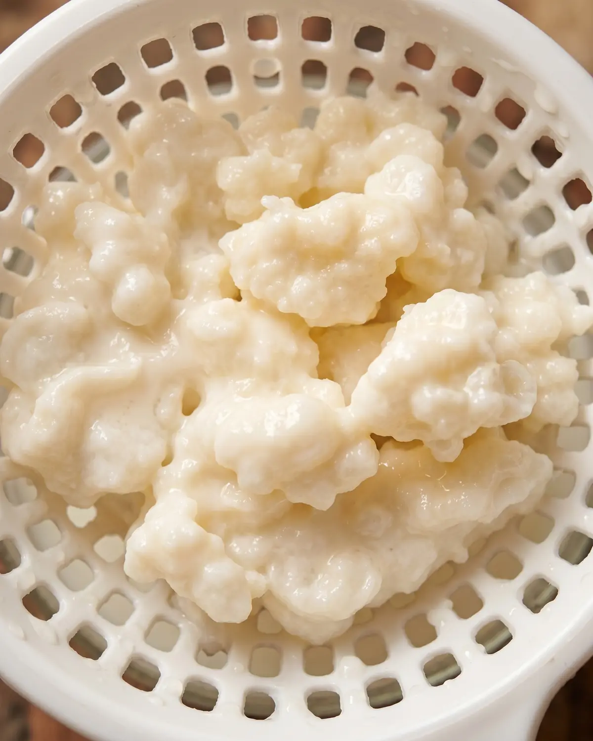 kefir en pamplona Gránulos de kéfir blanco crema en un colador plástico, con gotas espesas retenidas entre sus huecos.