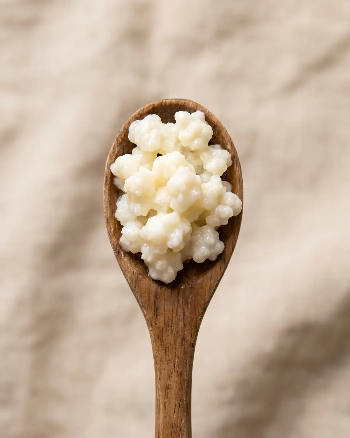 beneficio de tomar kefir Primer plano de gránulos de kéfir húmedos sobre una cuchara de madera, con textura cremosa visible.