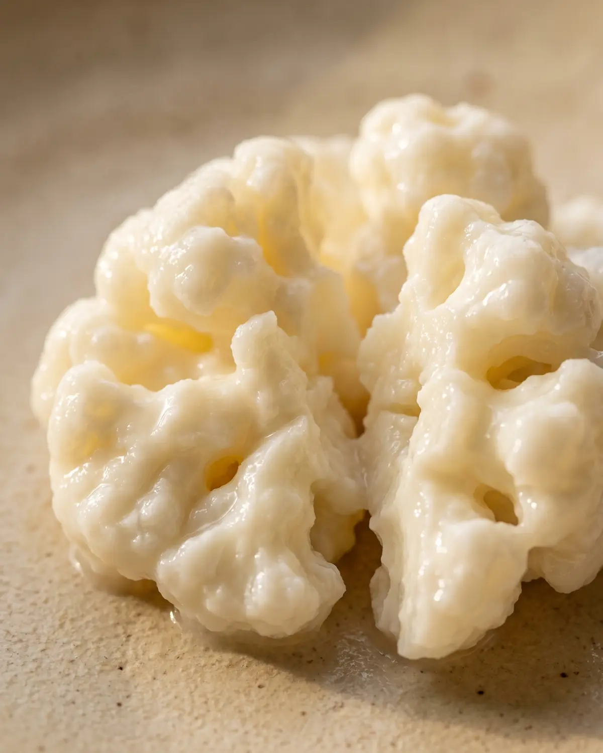 Macro de un gr&aacute;nulo de k&eacute;fir partido, con pliegues tipo coliflor y brillo h&uacute;medo sobre cer&aacute;mica mate