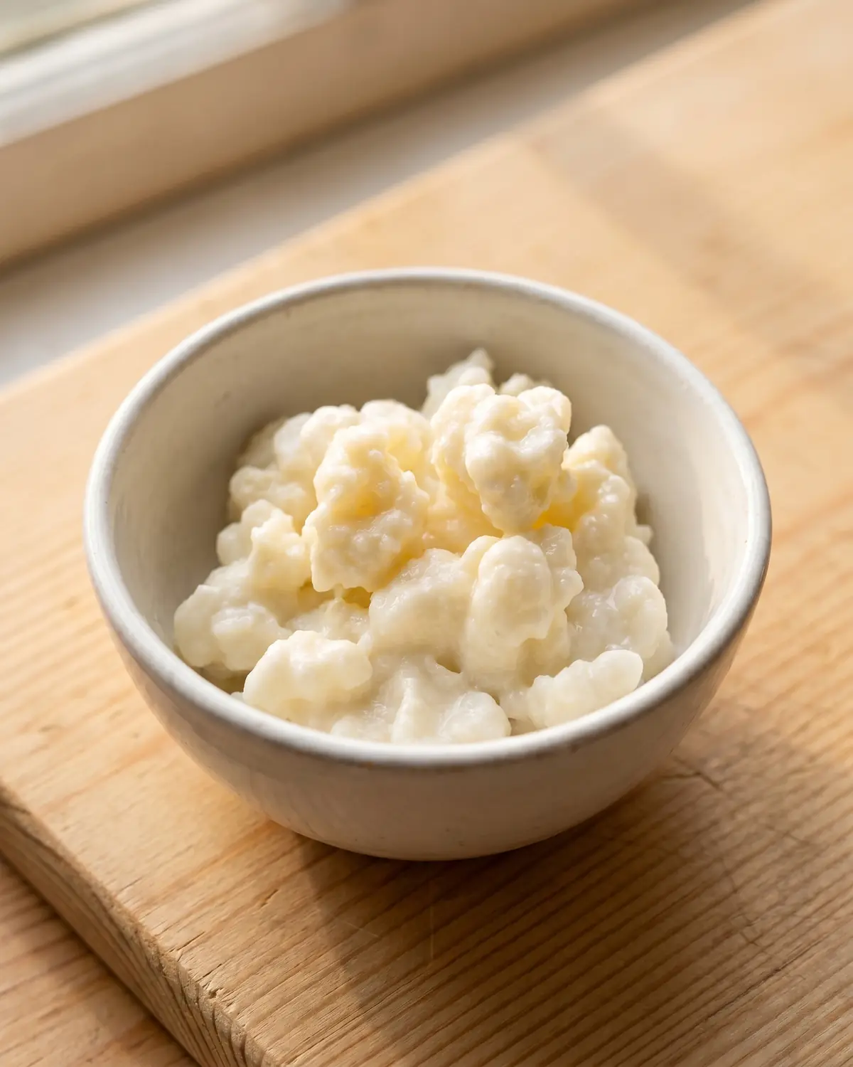 queso kéfir mercadona Primer plano de gránulos de kéfir de leche en un cuenco blanco, listos para fermentar en casa.