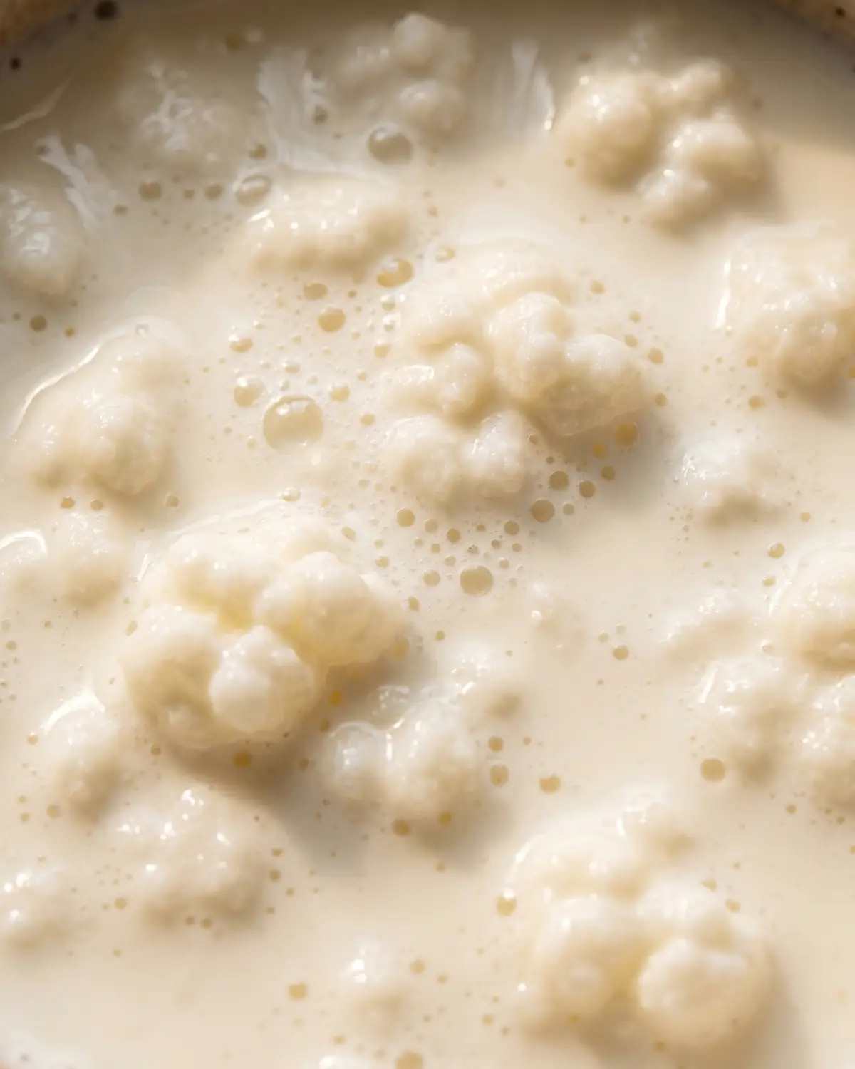 beneficios kefir vaca Superficie cremosa del kéfir de leche vista de cerca, con burbujas finas bajo luz cenital