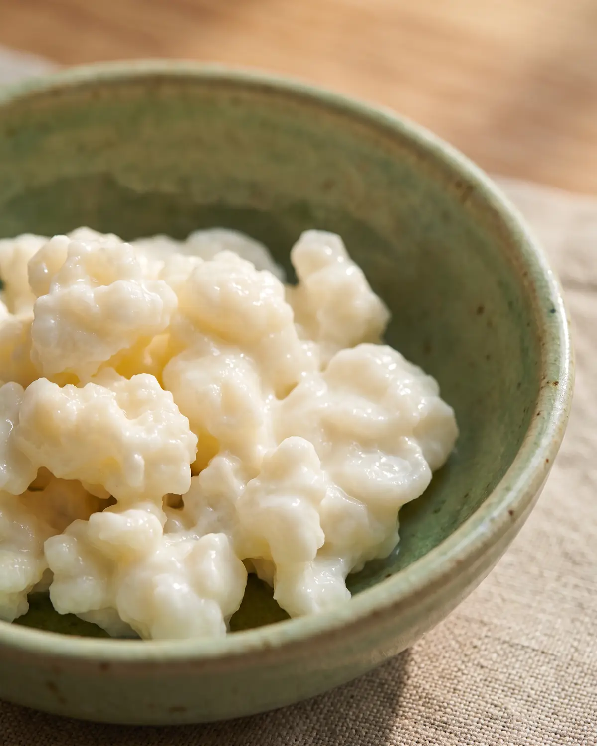 kefir mercadona opiniones Primer plano de gránulos de kéfir con surcos irregulares y brillo húmedo sobre cerámica verde clara.