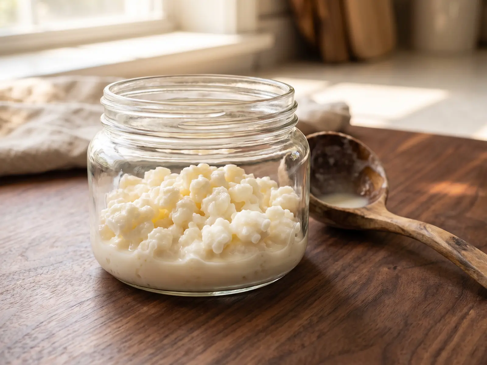 kefir e intolerancia a la lactosa Tarro de kéfir sobre madera oscura con gránulos visibles y un cucharón de madera junto al recipiente.