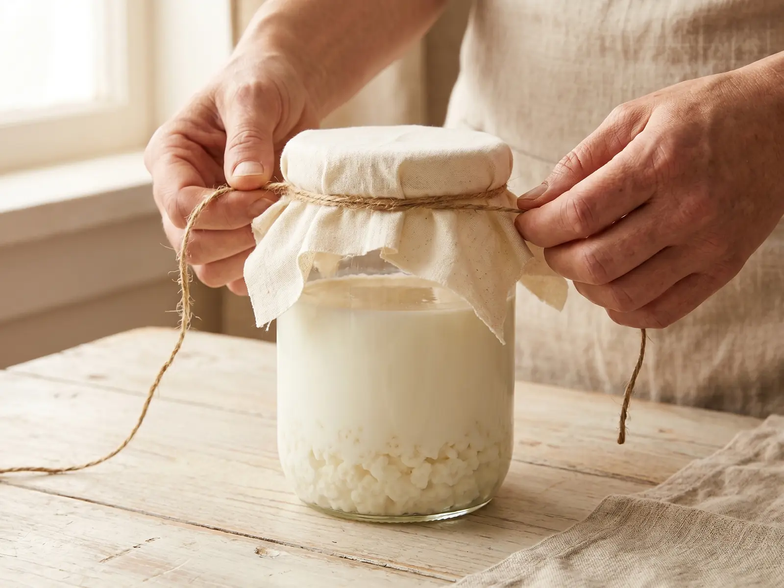 kefir para perros Mano atando una tela de algodón sobre un tarro de kéfir de leche en una mesa clara