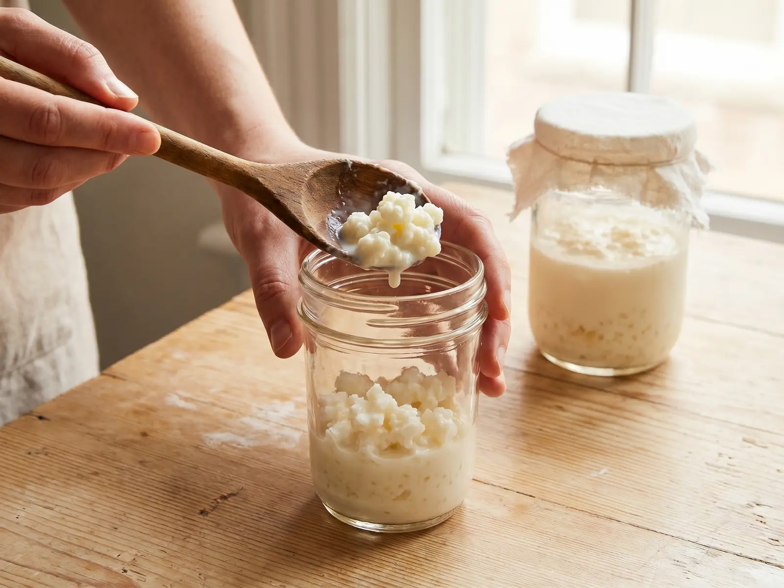 kefir leche de soja Mano añadiendo gránulos de kéfir de leche a un tarro con bebida de soja usando una cuchara de madera.