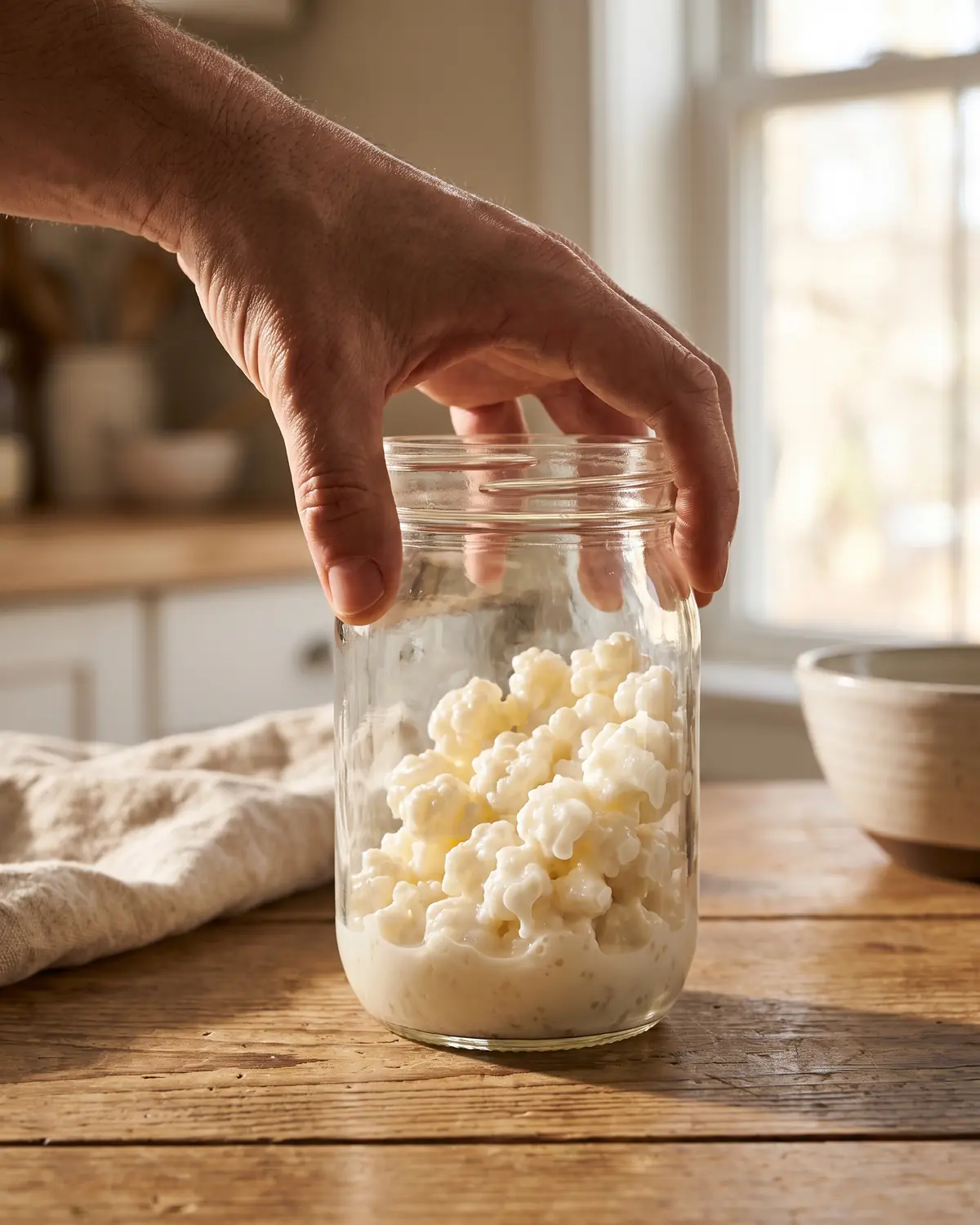 Mano girando un tarro de k&eacute;fir de leche donde los gr&aacute;nulos se desplazan por el vidrio cremoso.