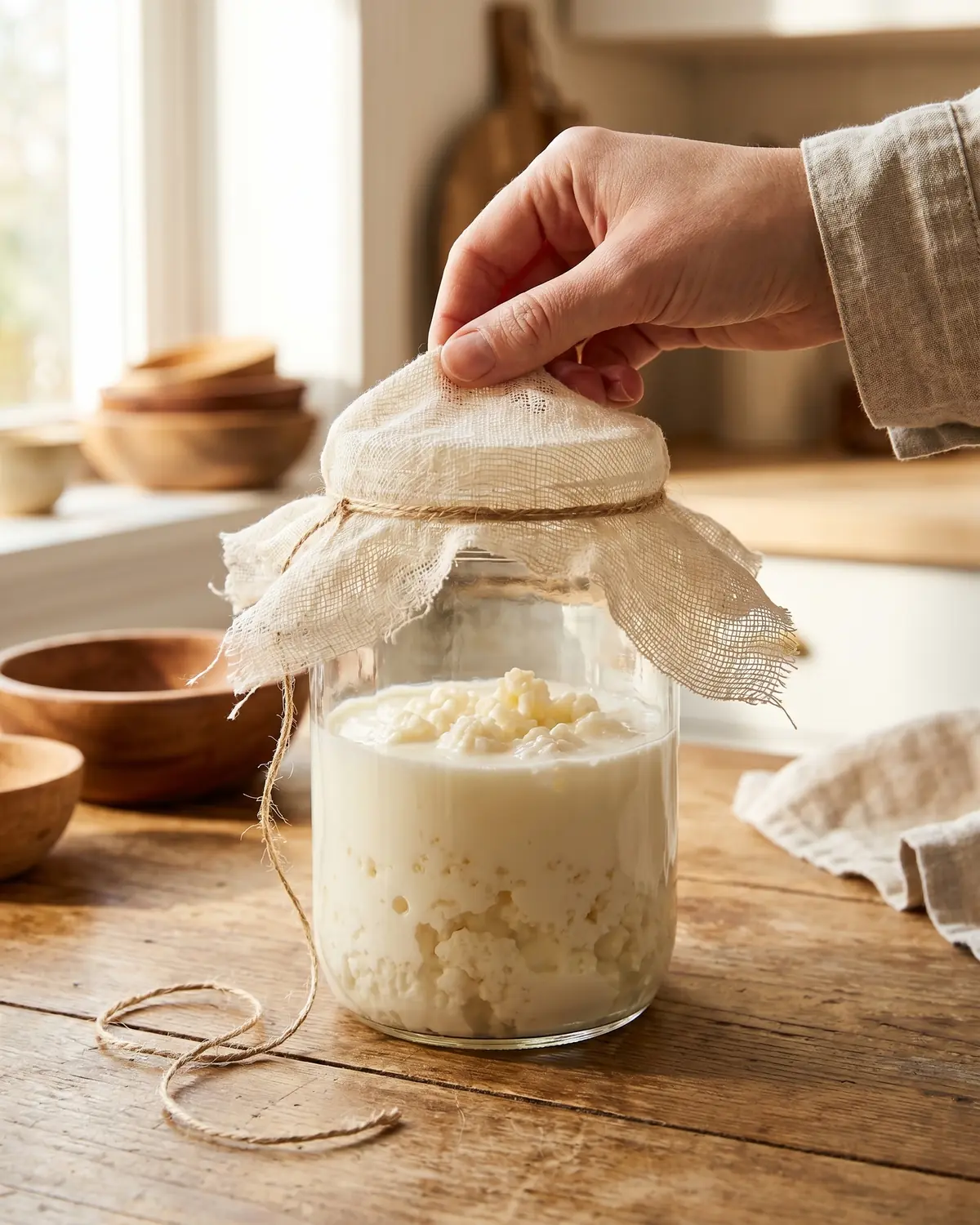 leche fermentada es pasteurizada Mano retirando el paño de un tarro de kéfir de leche con cordel suelto y luz natural de mañana