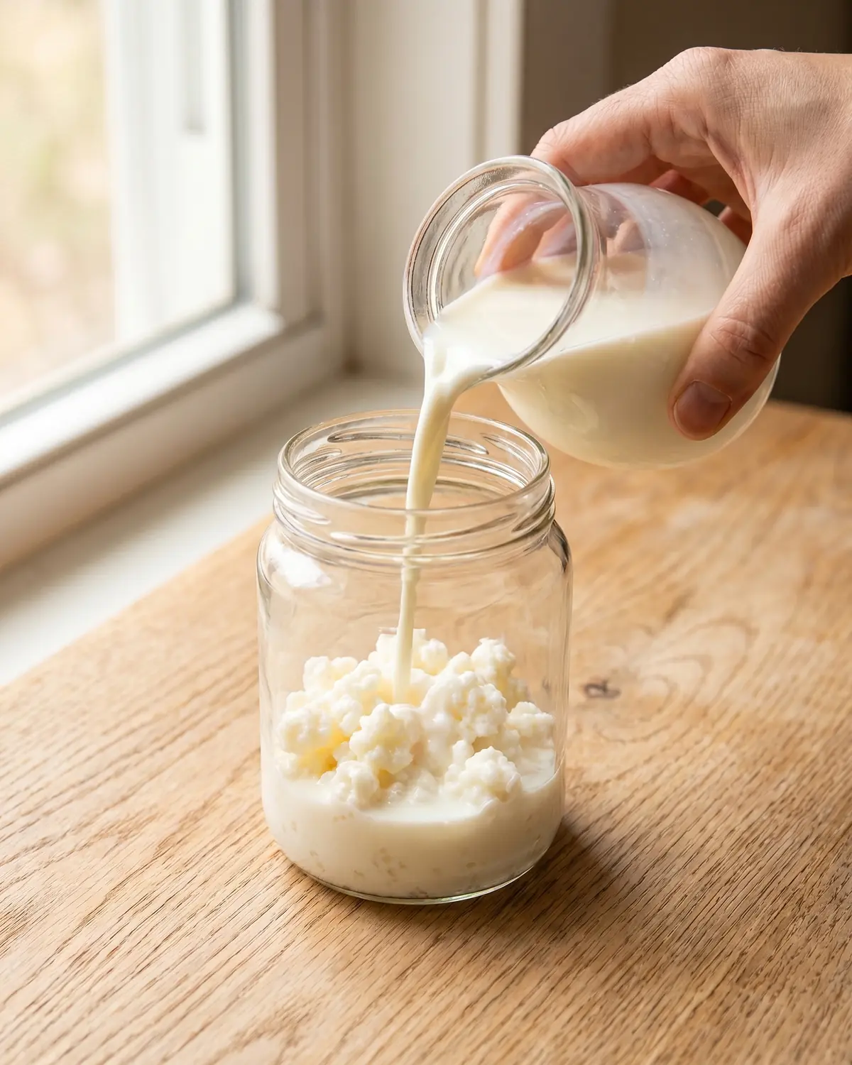 Mano vertiendo leche fresca sobre gr&aacute;nulos de k&eacute;fir en un tarro de cristal preparado para fermentar