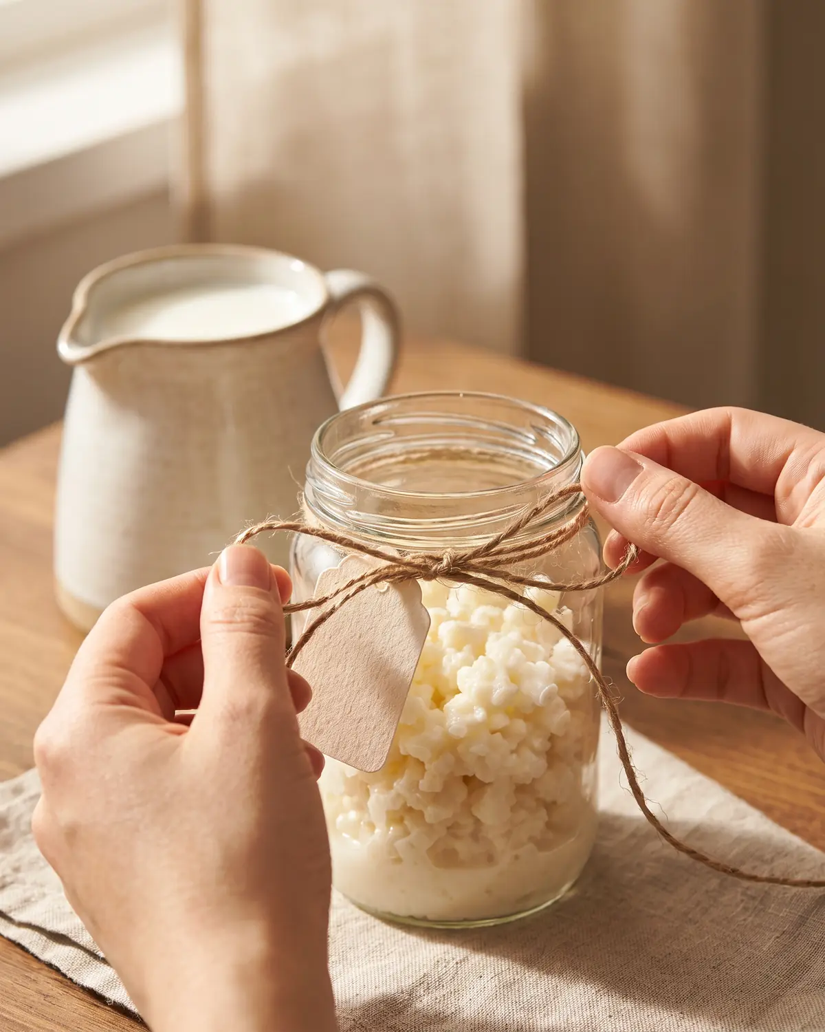Manos anudando un cordel con etiqueta vac&iacute;a en un tarro, con leche blanca desenfocada al fondo.