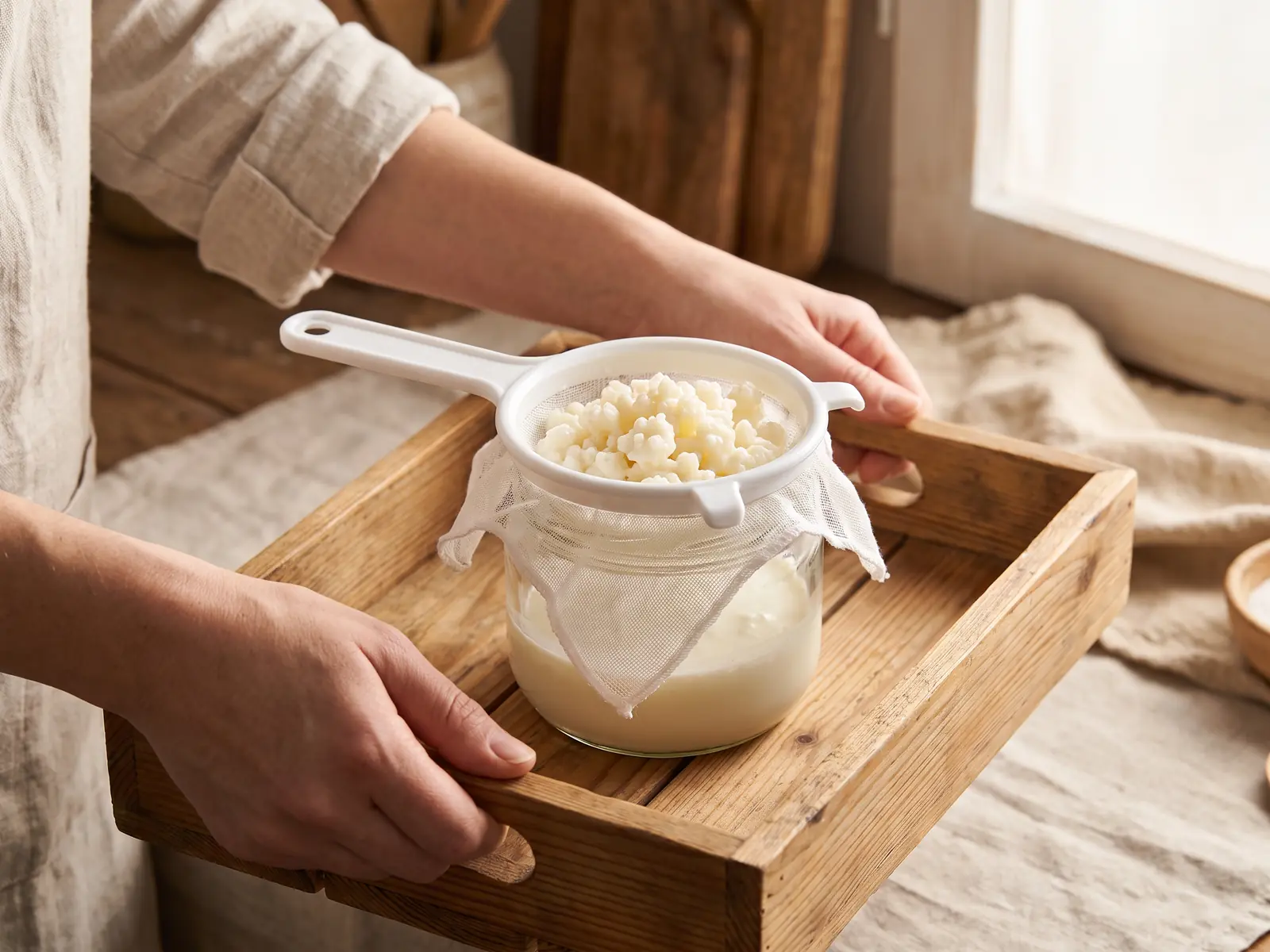 kefir es lacteo Dos manos llevan una bandeja de pino con un tarro, un colador blanco y gránulos de kéfir escurridos.