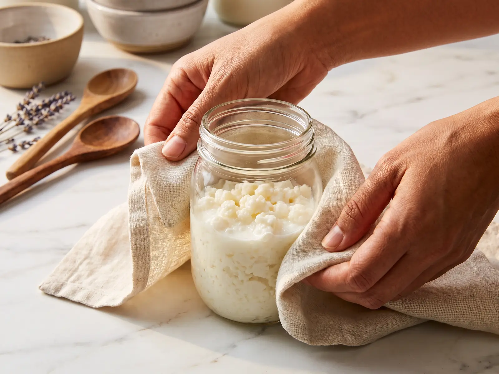 desayunar kéfir beneficios Dos manos envuelven con lino un tarro de kéfir casero sobre mármol blanco, como regalo preparado en casa