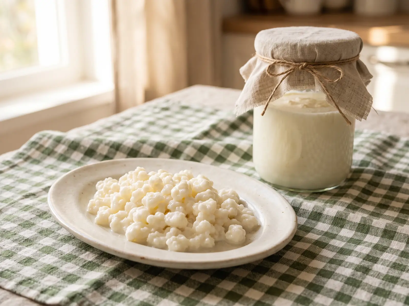 kéfir de agua aldi Gránulos de kéfir sobre un plato ovalado junto a un tarro cubierto con lino en un mantel de cuadros verdes