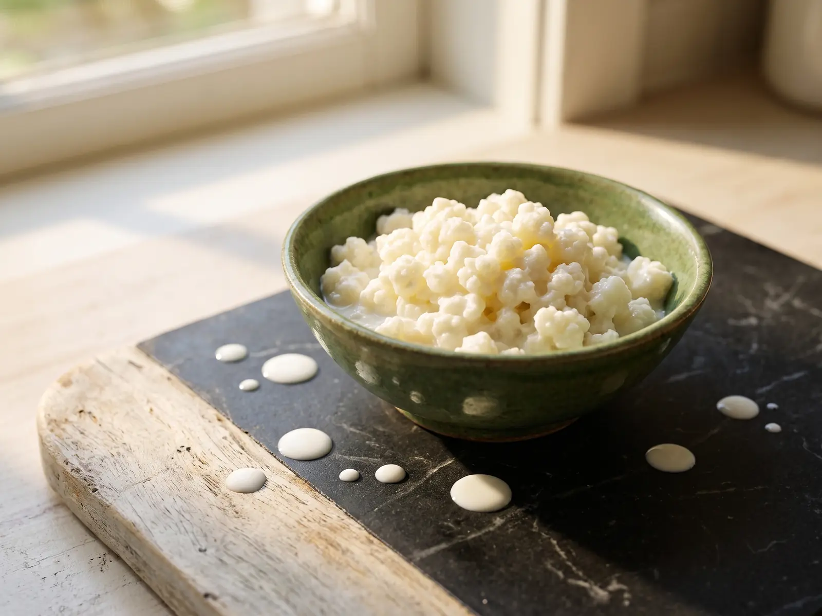 Cuenco verde con gr&aacute;nulos de k&eacute;fir sobre m&aacute;rmol negro, gotas de leche y madera clara alrededor.