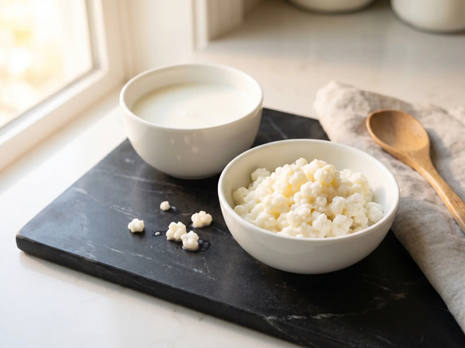 kefir para bebes Dos cuencos blancos con kéfir de leche, gránulos separados y leche fresca sobre mármol negro mate.