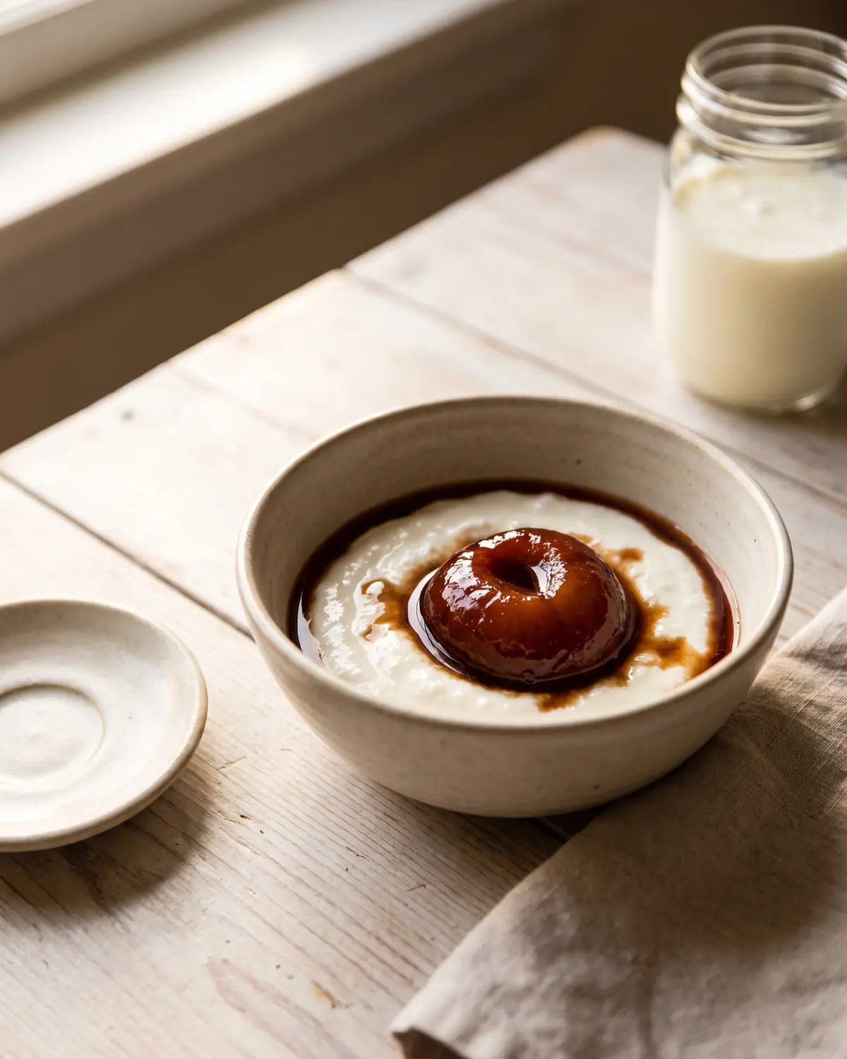 Merienda de k&eacute;fir con ciruela pochada sobre madera clara junto a cer&aacute;mica y luz baja de ventana.