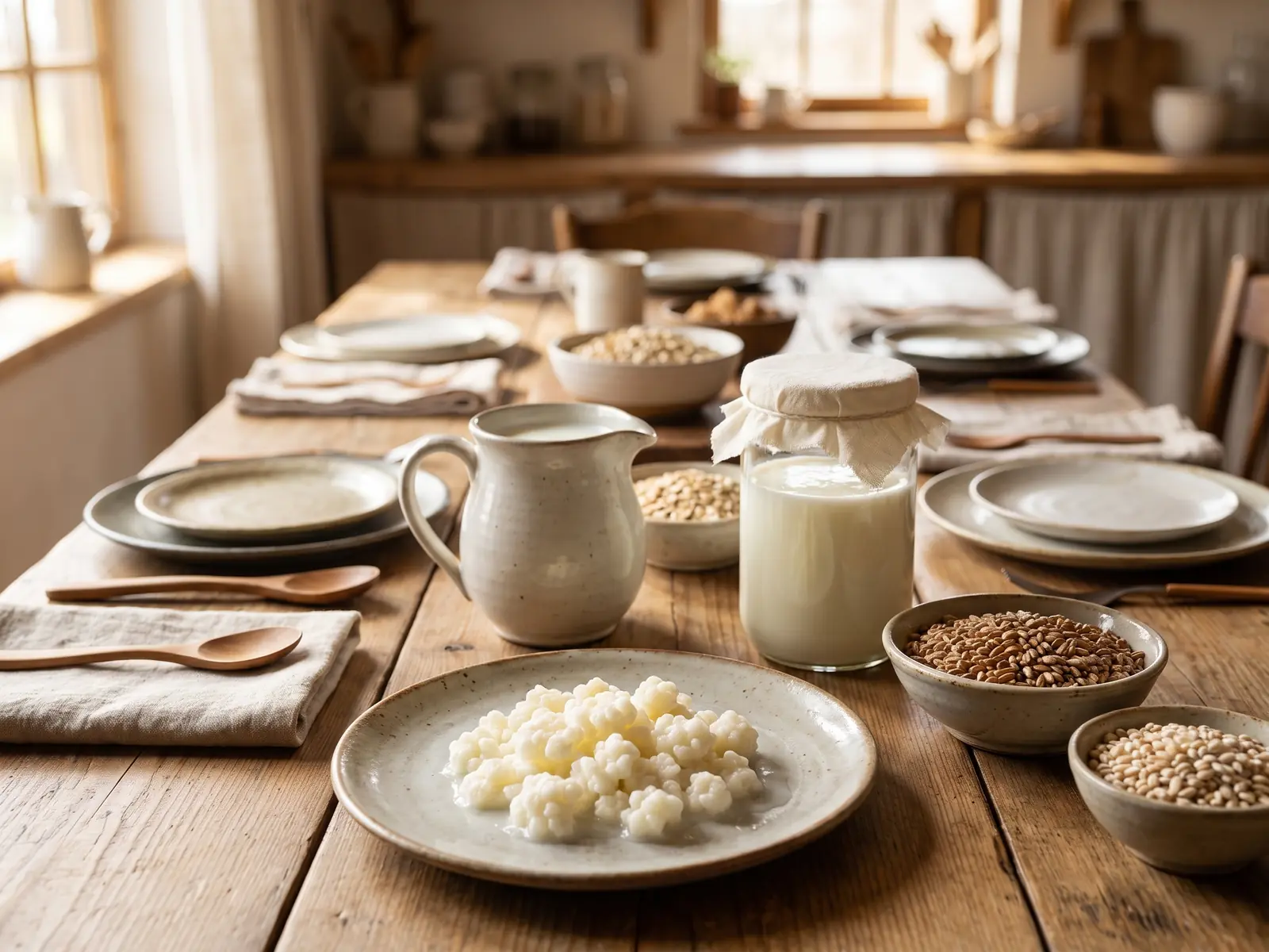 kefir hongo como cuidarlo Mesa de almuerzo con jarra de leche, tarro de kéfir y gránulos sobre platos cerámicos.