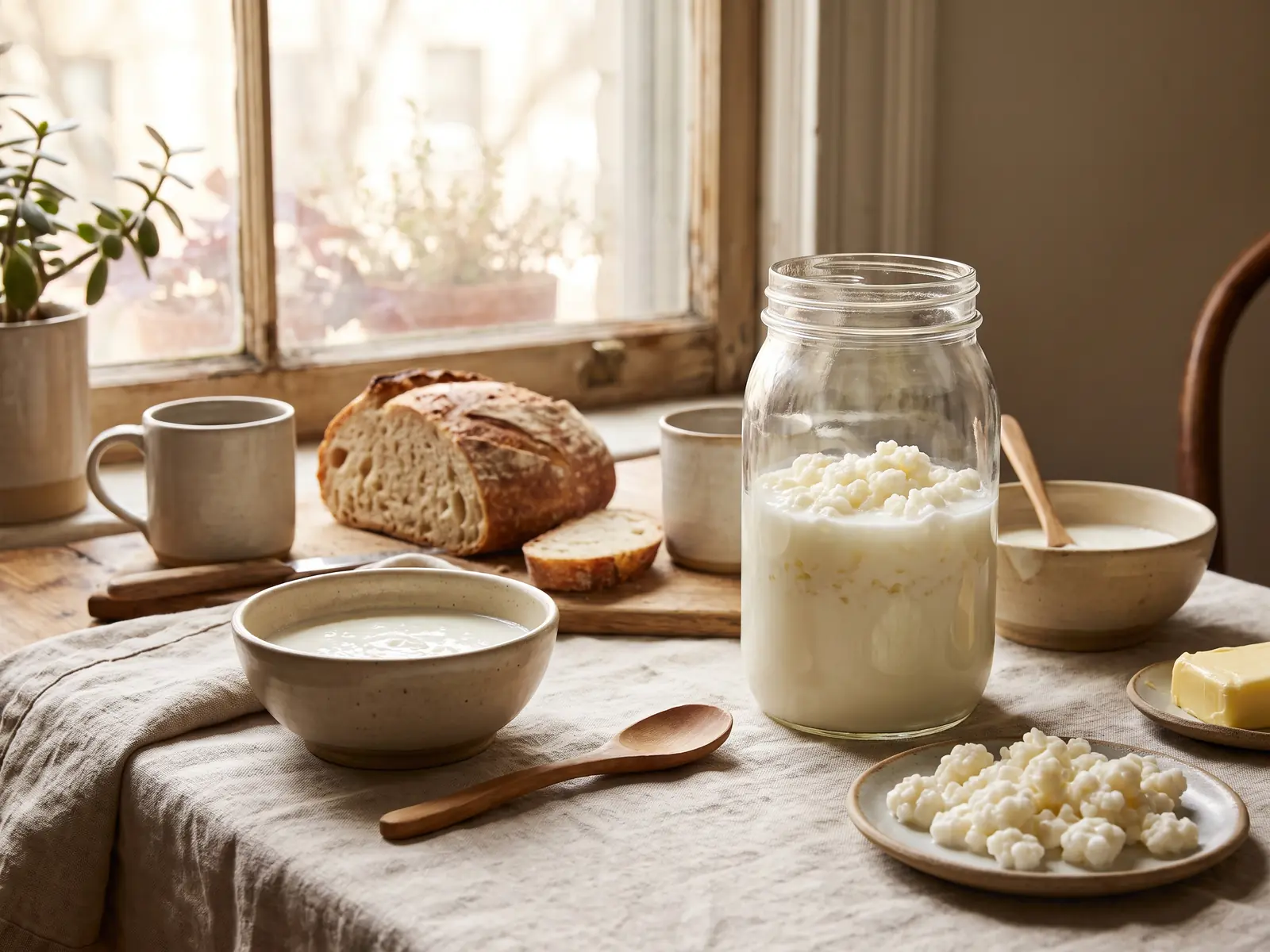 kefir para cenar Mesa de desayuno para dos con tarro de kéfir de leche, gránulos, cerámica beige y luz cálida de ventana.