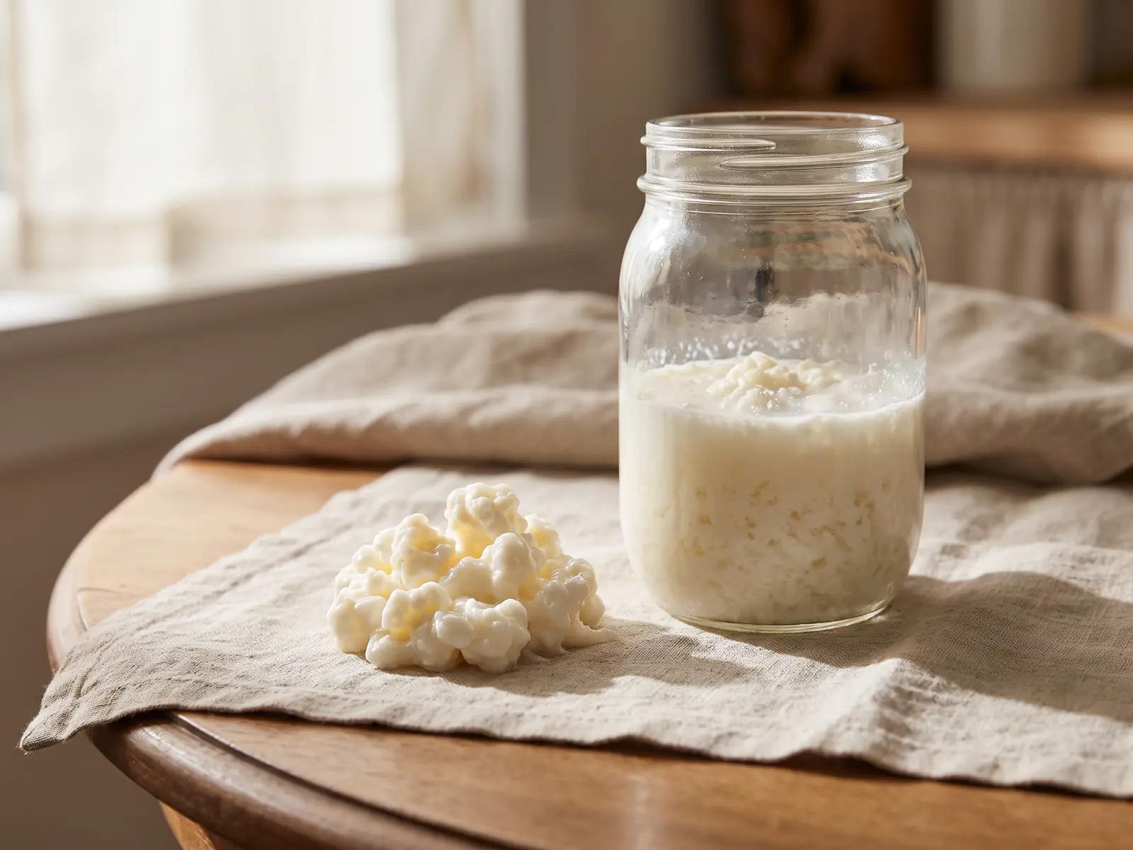 kefir probiotico dia Tarro con gránulos de kéfir fermentando sobre una mesa con lino crudo y luz suave de mediodía.