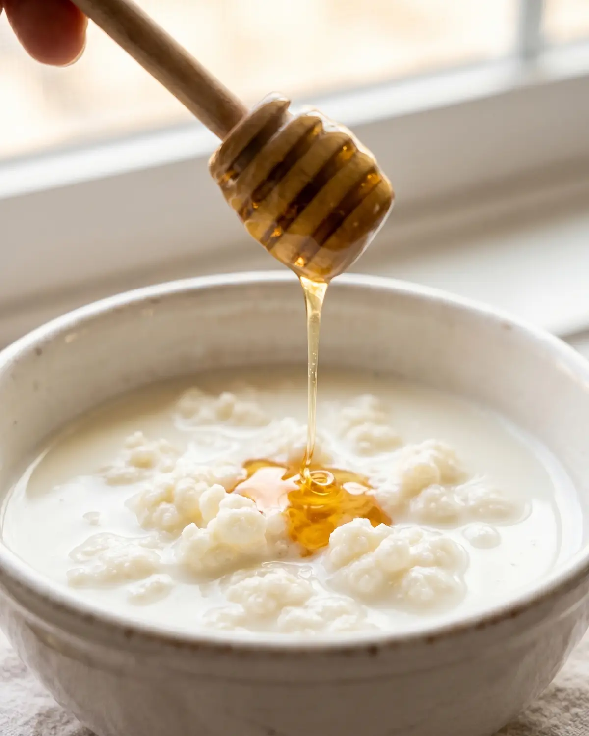 Hilo de miel cayendo sobre un cuenco blanco con k&eacute;fir de leche, con una mano apenas visible.