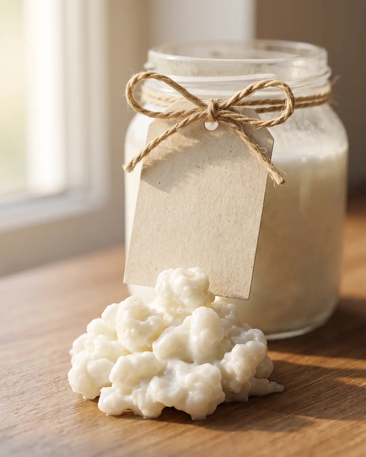 propiedades del kefir de cabra Etiqueta vacía con cordel junto a un tarro lechoso de kéfir, con sombra suave al fondo.