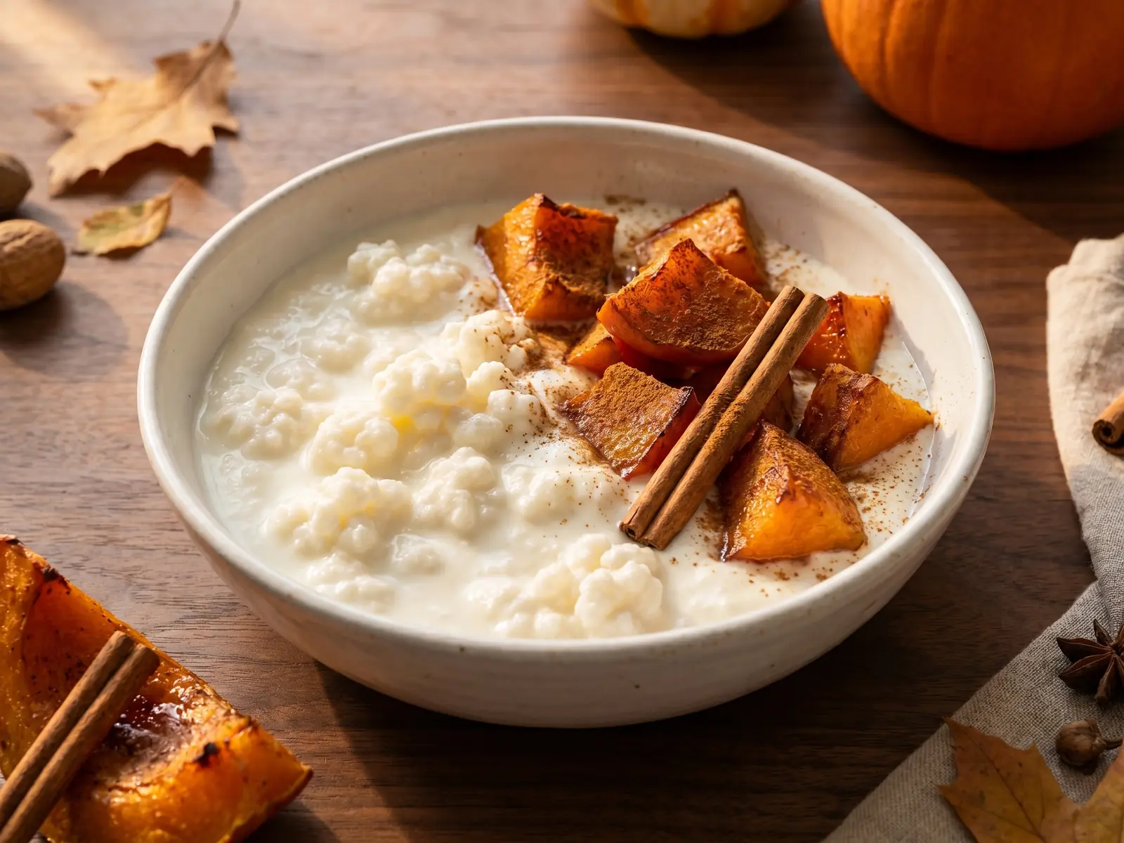 kefir mercadona beneficios Kéfir de leche con calabaza asada y canela en un cuenco blanco sobre una mesa de nogal otoñal
