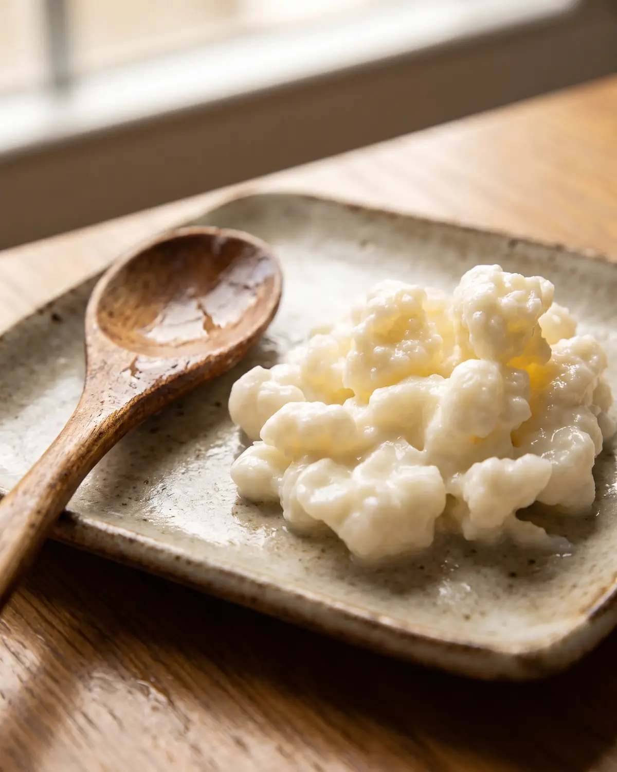 kéfir con leche vegetal Cuchara de madera húmeda sobre un plato cuadrado con gránulos de kéfir desenfocados al fondo