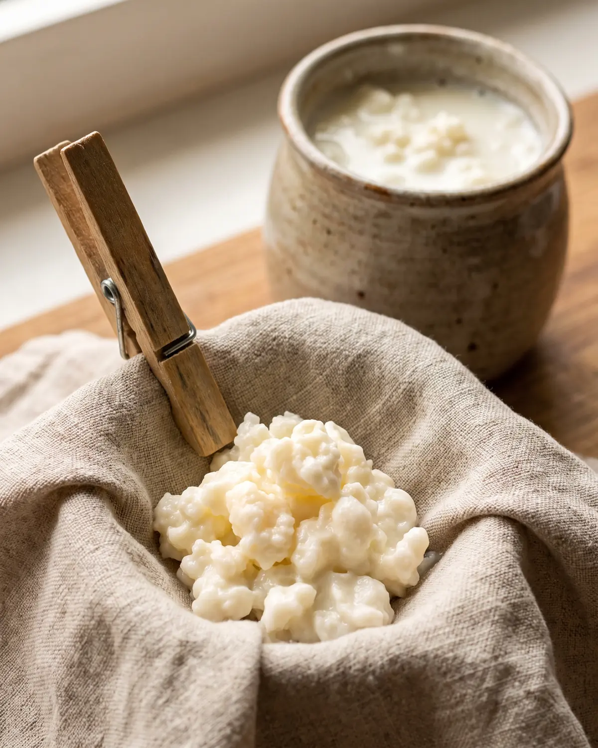 kefir es lacteo Una pinza de madera abre un paño de lino con un tarro lechoso desenfocado y gránulos al fondo.