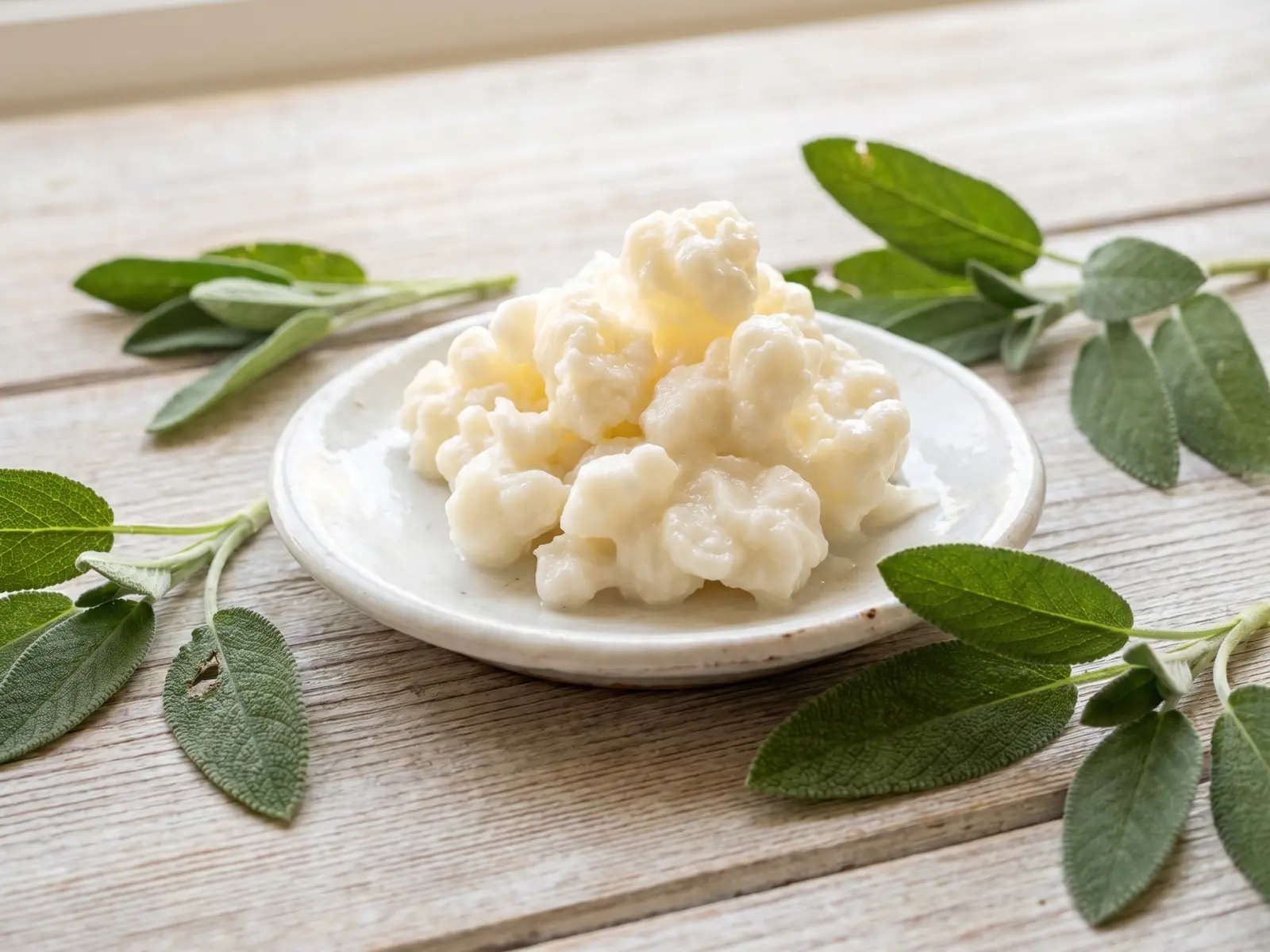 Gr&aacute;nulos de k&eacute;fir sobre un platillo blanco con hojas de salvia en una mesa de madera clara.