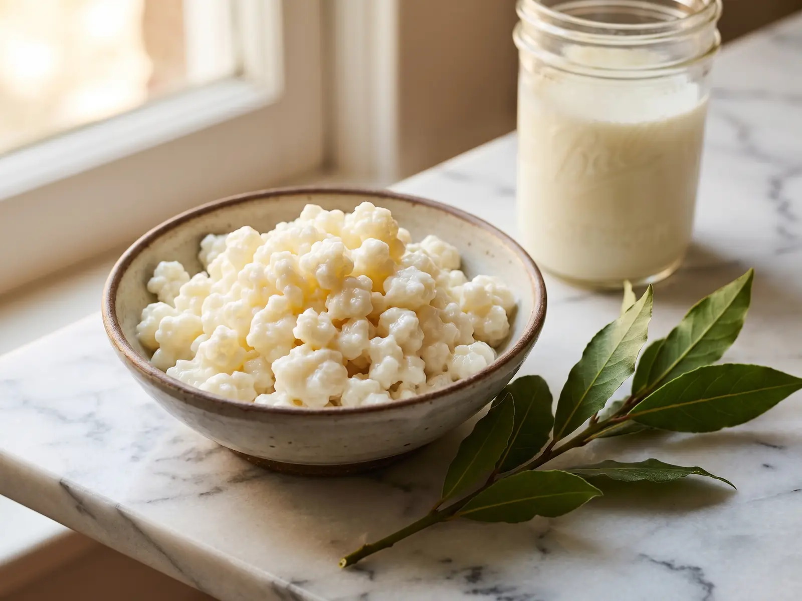 kefir en ayunas beneficios Cuenco con gránulos de kéfir y tarro cremoso sobre mármol blanco junto a una rama de laurel fresco.