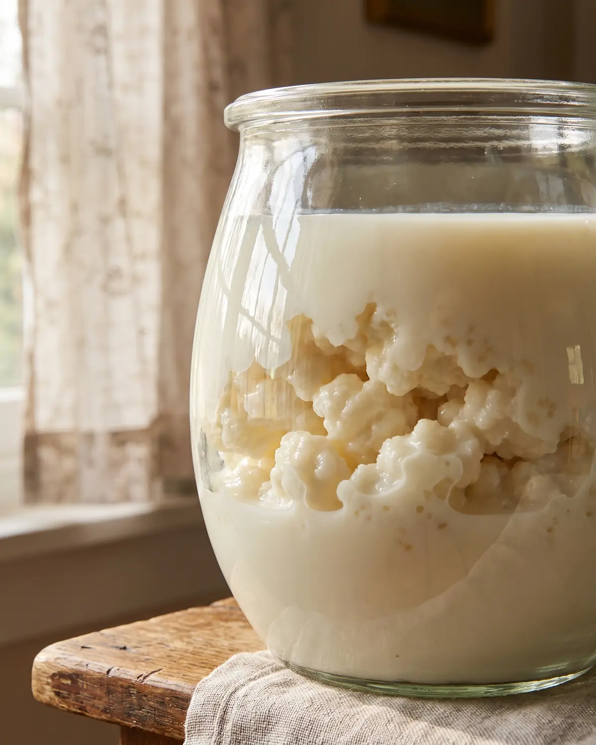 Tarro de k&eacute;fir de leche visto a trav&eacute;s del vidrio curvo, con gr&aacute;nulos y reflejo de cortina.