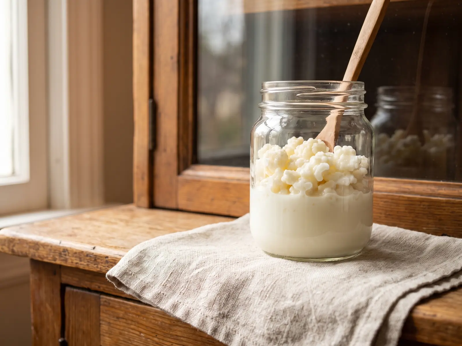 composicion del kefir Tarro de kéfir de leche con gránulos sobre lino crudo, reflejado en el vidrio de un aparador.