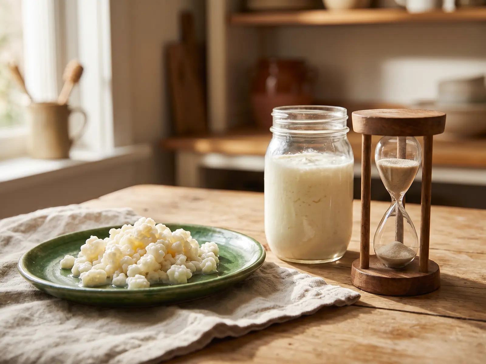 Reloj de arena junto a un tarro de k&eacute;fir, gr&aacute;nulos en plato verde y lino sobre la mesa.