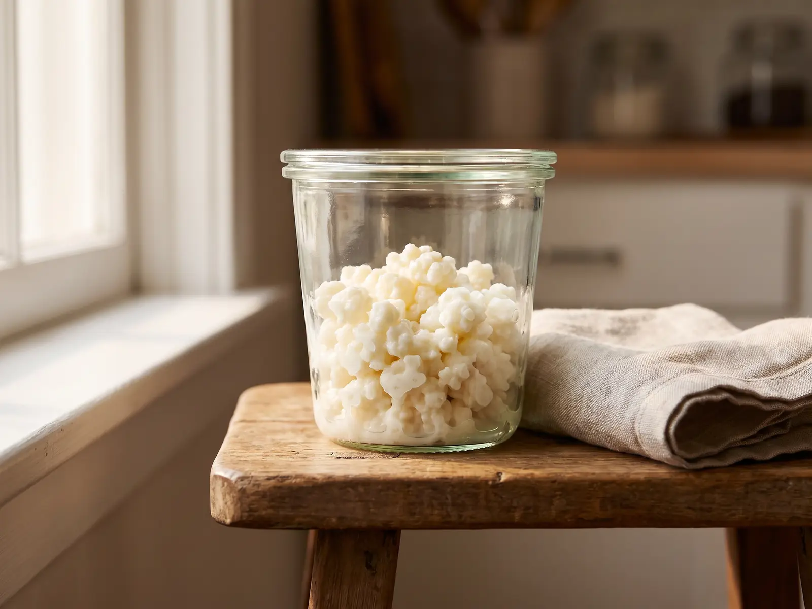 Tarro de k&eacute;fir de leche fermentando en un taburete junto a una ventana con un lino plegado al lado.