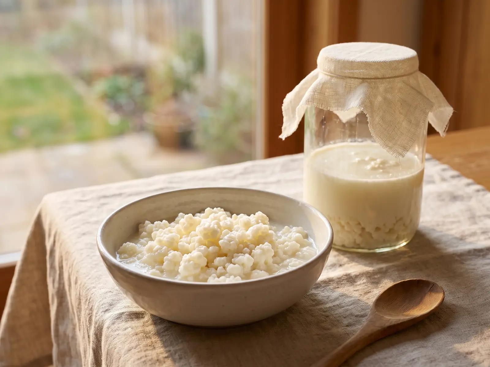 leche fermentada embarazo Tarro de kéfir fermentando junto a una ventana y cuenco con gránulos húmedos sobre una mesa de lino.