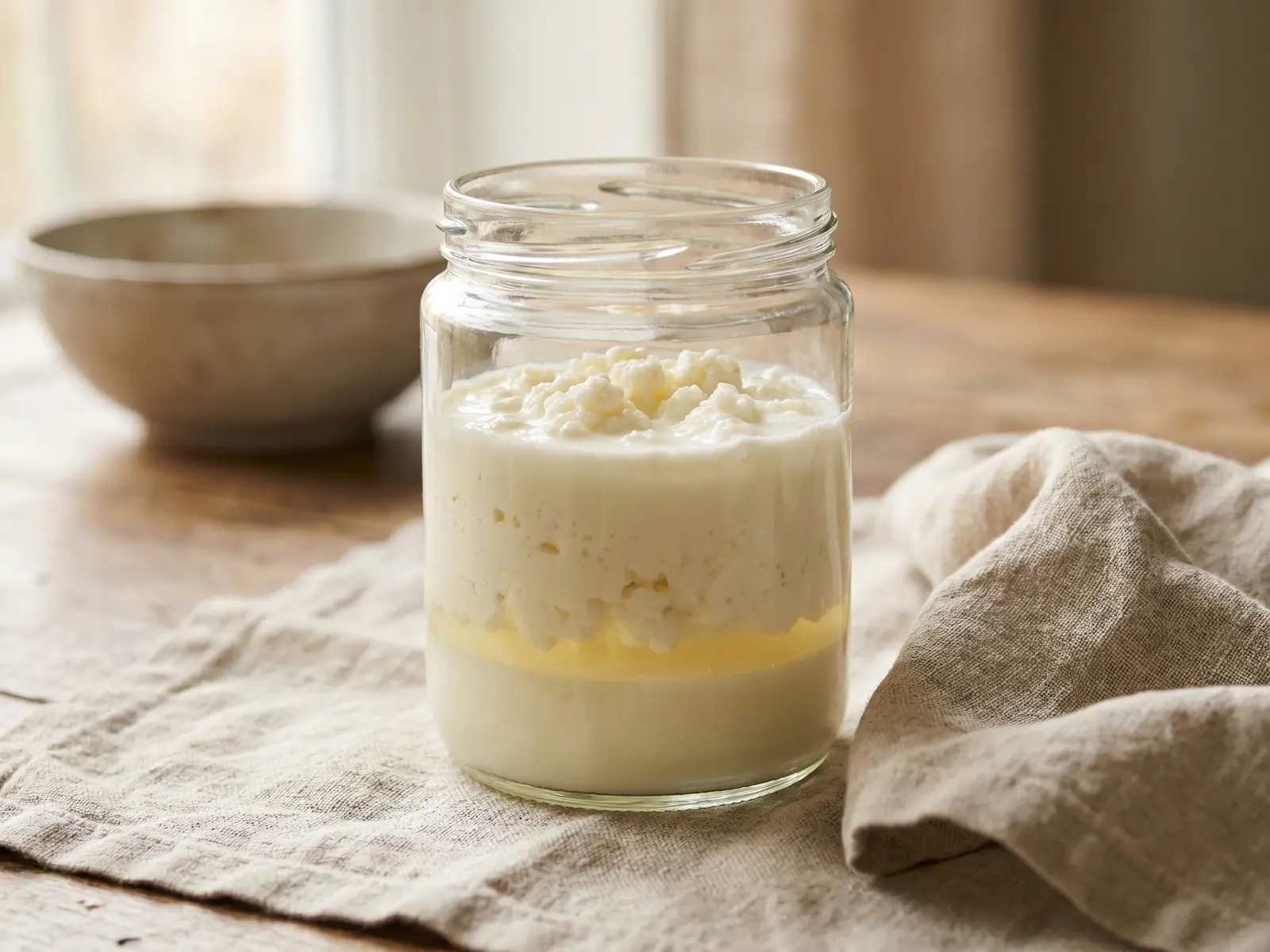 Tarro de k&eacute;fir de leche separado en capas, con suero visible y un pa&ntilde;o de lino al lado.