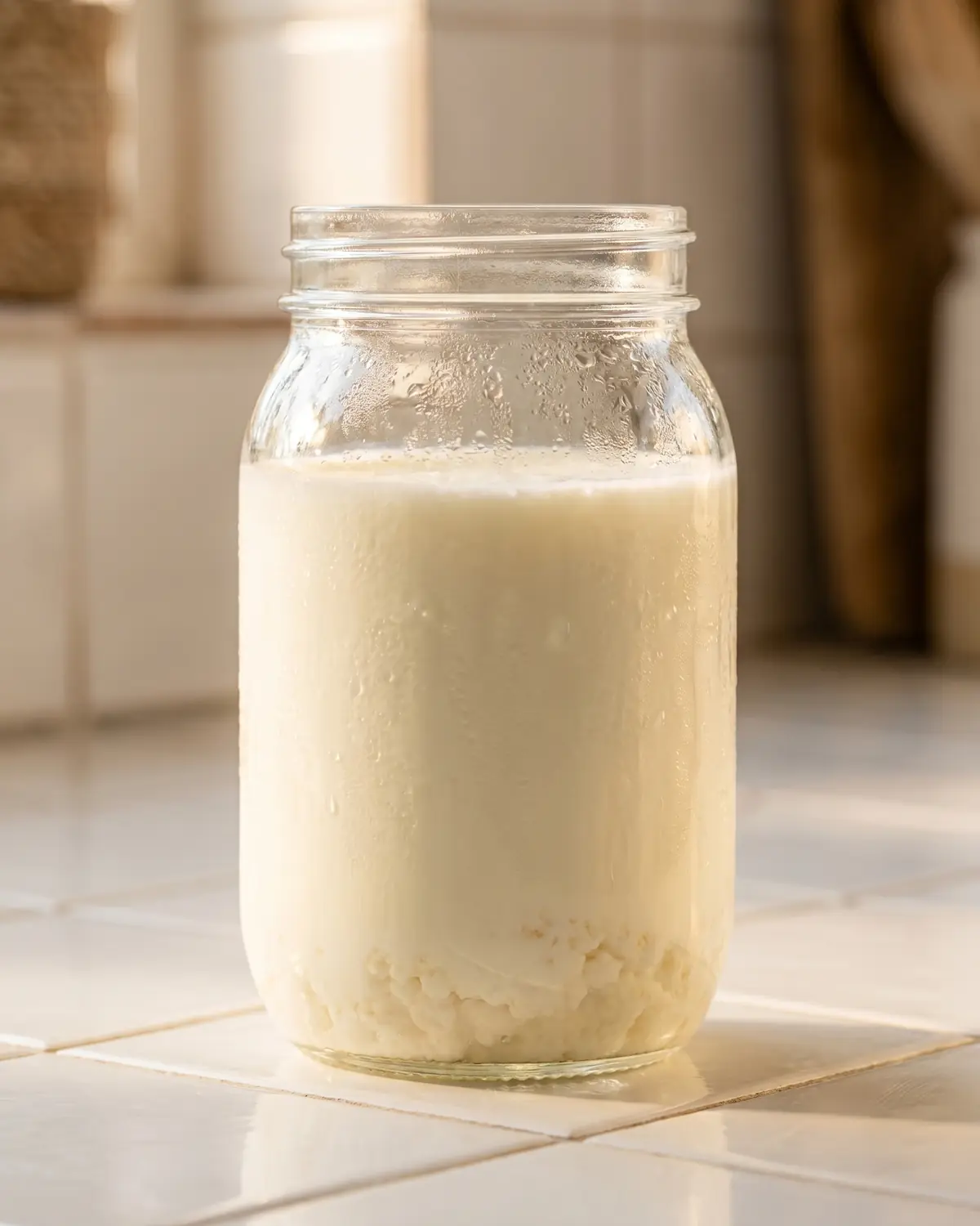kefir diarrea Tarro de kéfir sobre azulejos blancos con condensación suave y reflejo cálido de una ventana lateral.