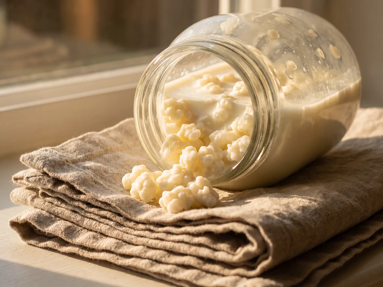 el kefir esta pasteurizado Tarro de kéfir de leche inclinado sobre lino, con gránulos visibles y luz lateral dorada.