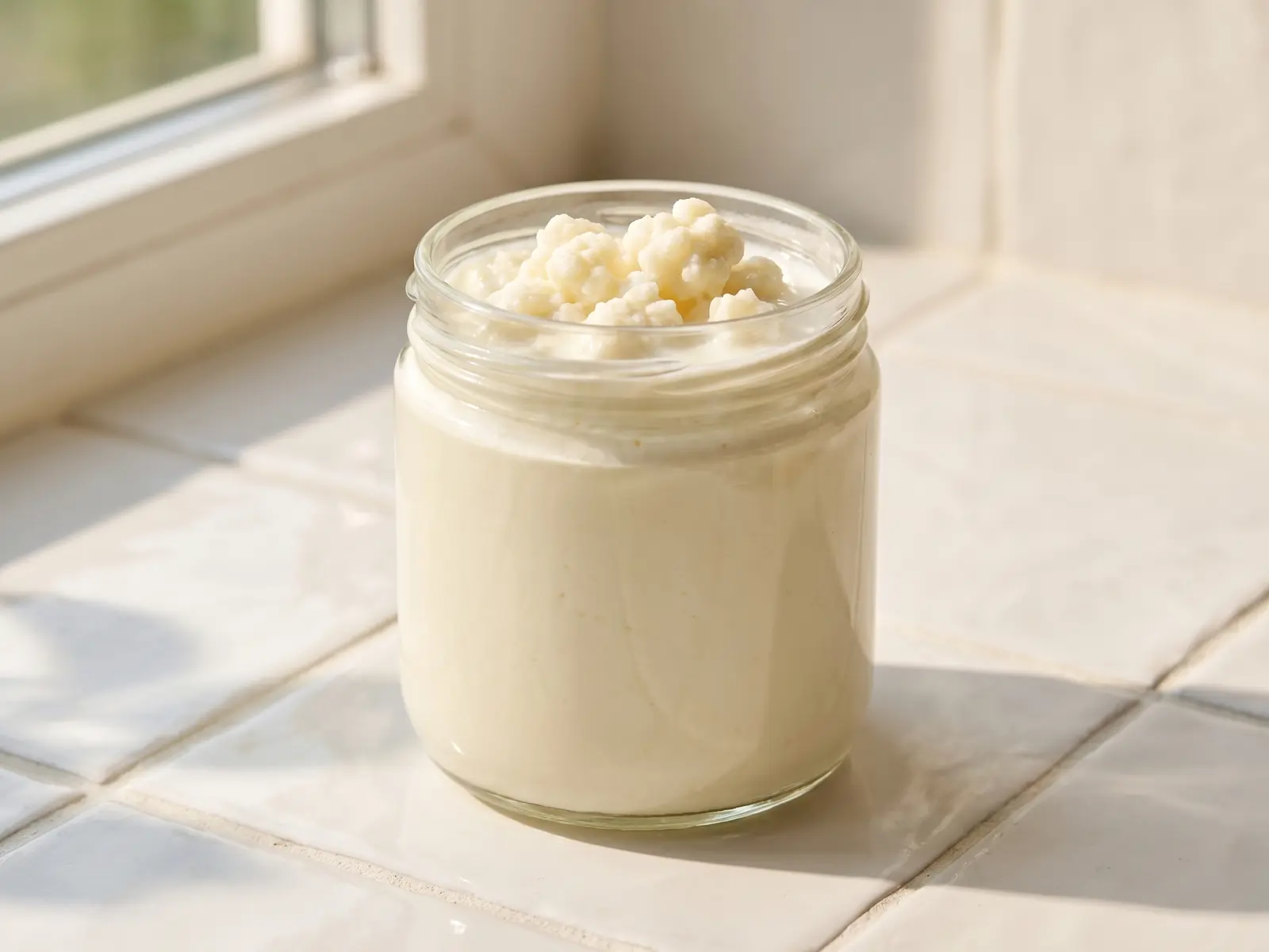 fermentacion lactica Tarro limpio con kéfir de leche sobre azulejos blancos, iluminado por una ventana lateral suave.