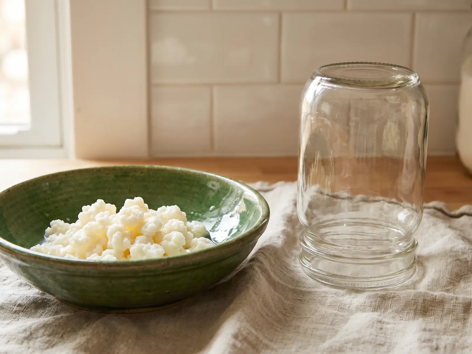 Tarro limpio sec&aacute;ndose junto a un cuenco verde con gr&aacute;nulos, pa&ntilde;o de lino y azulejos blancos