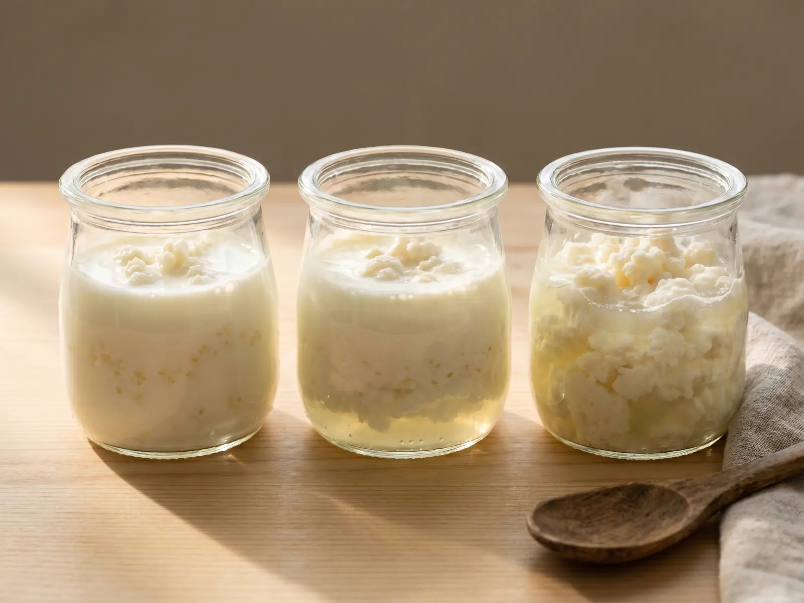 Tres tarros muestran el avance del k&eacute;fir de leche, con suero y crema separados suavemente.