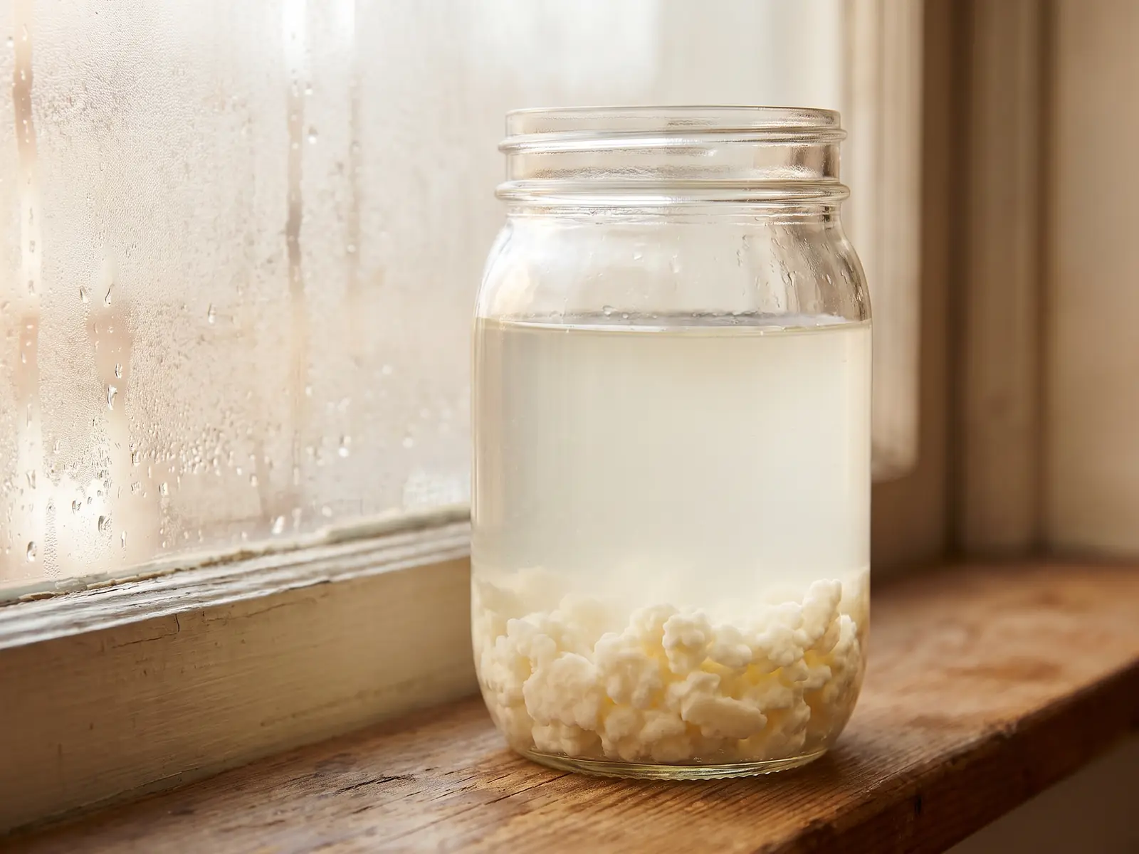 kefir diarrea Tarro de kéfir de leche junto a un cristal con vaho y gránulos visibles al fondo en ambiente húmedo.