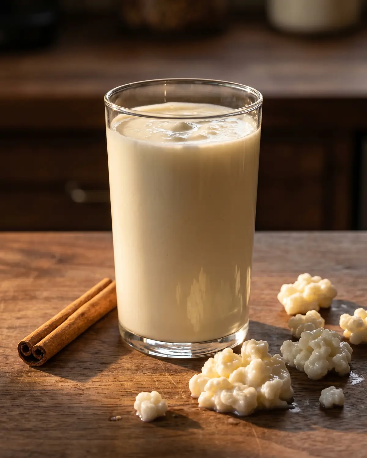 a que hora es mejor tomar kefir Vaso alto de kéfir terminado junto a canela en rama, con luz dorada sobre madera de nogal.