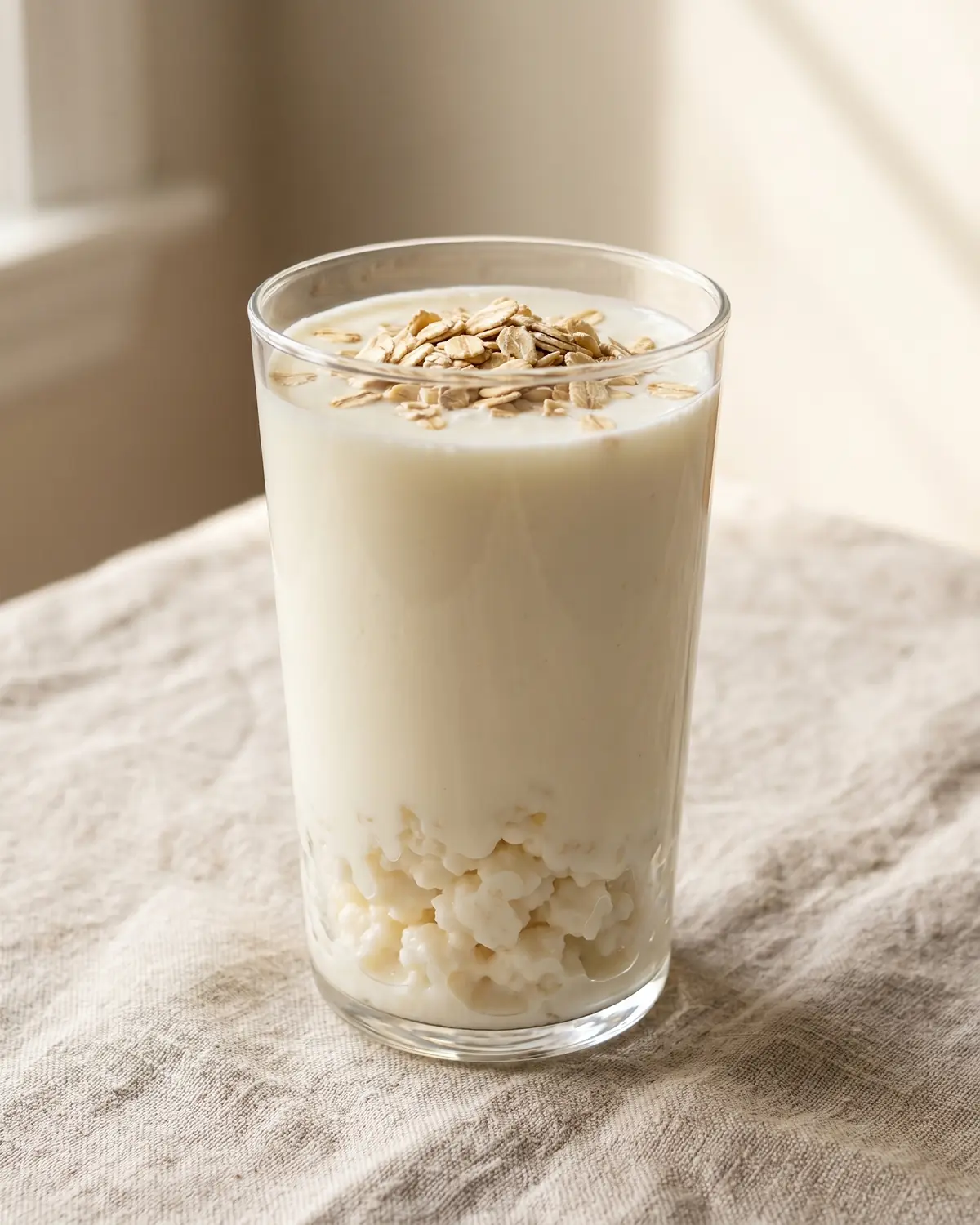 milk kefir grains Vaso alto de kéfir con copos de avena sobre lino crudo, en una composición clara y sencilla.