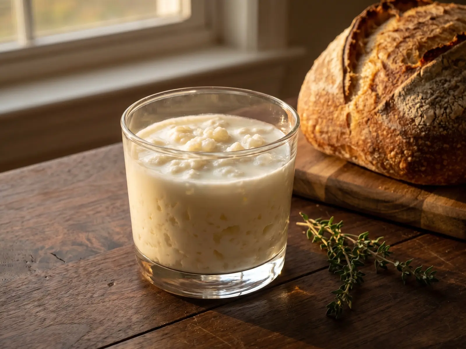 milk kefir grains Kéfir cremoso en vaso bajo sobre nogal oscuro, con pan rústico y tomillo bajo luz dorada.
