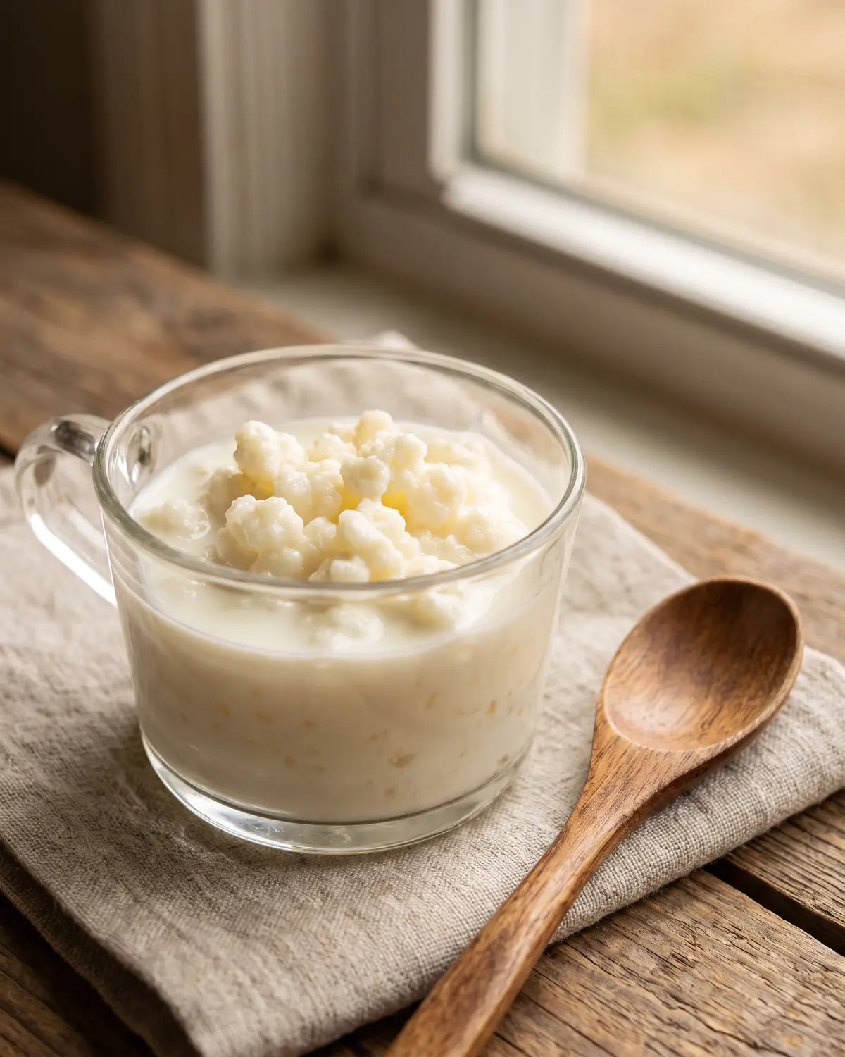 kéfir no espesa Vaso pequeño con gránulos de kéfir y leche fresca, con una cuchara de madera apoyada al lado.