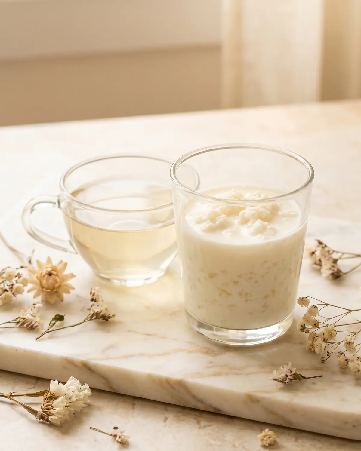Vaso peque&ntilde;o de k&eacute;fir de leche junto a una taza de t&eacute; claro, flores secas y m&aacute;rmol veteado.