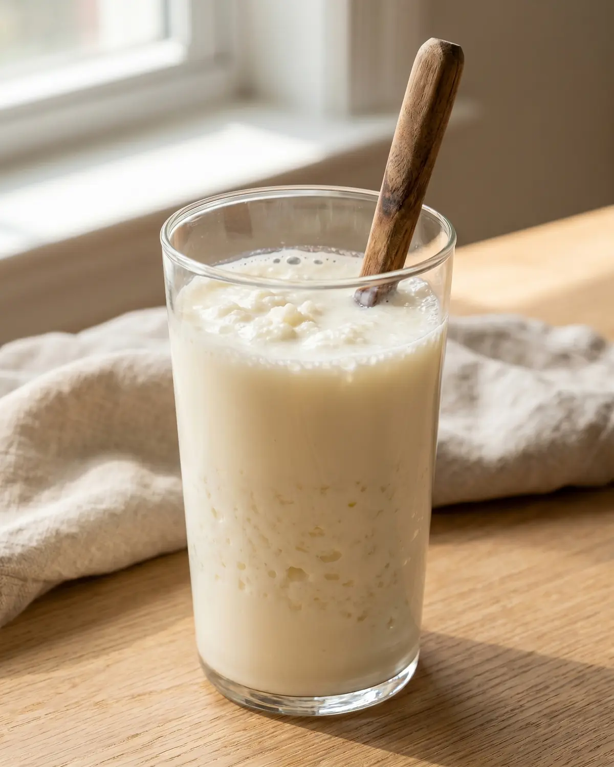 kefir colesterol Vaso alto con kéfir de leche cremoso recién preparado y una cuchara en su interior.