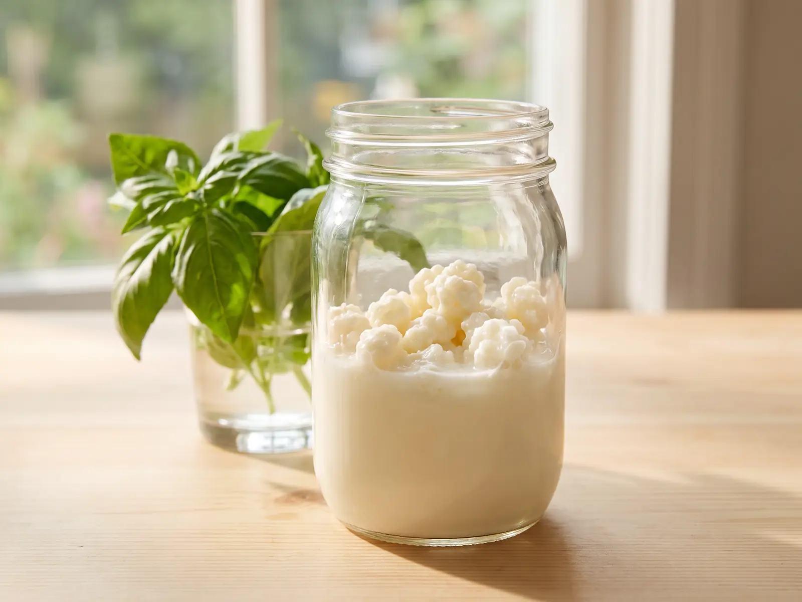 se puede hacer kefir con leche de almendras Tarro con gránulos fermentando en una escena de verano con albahaca fresca junto a una ventana.